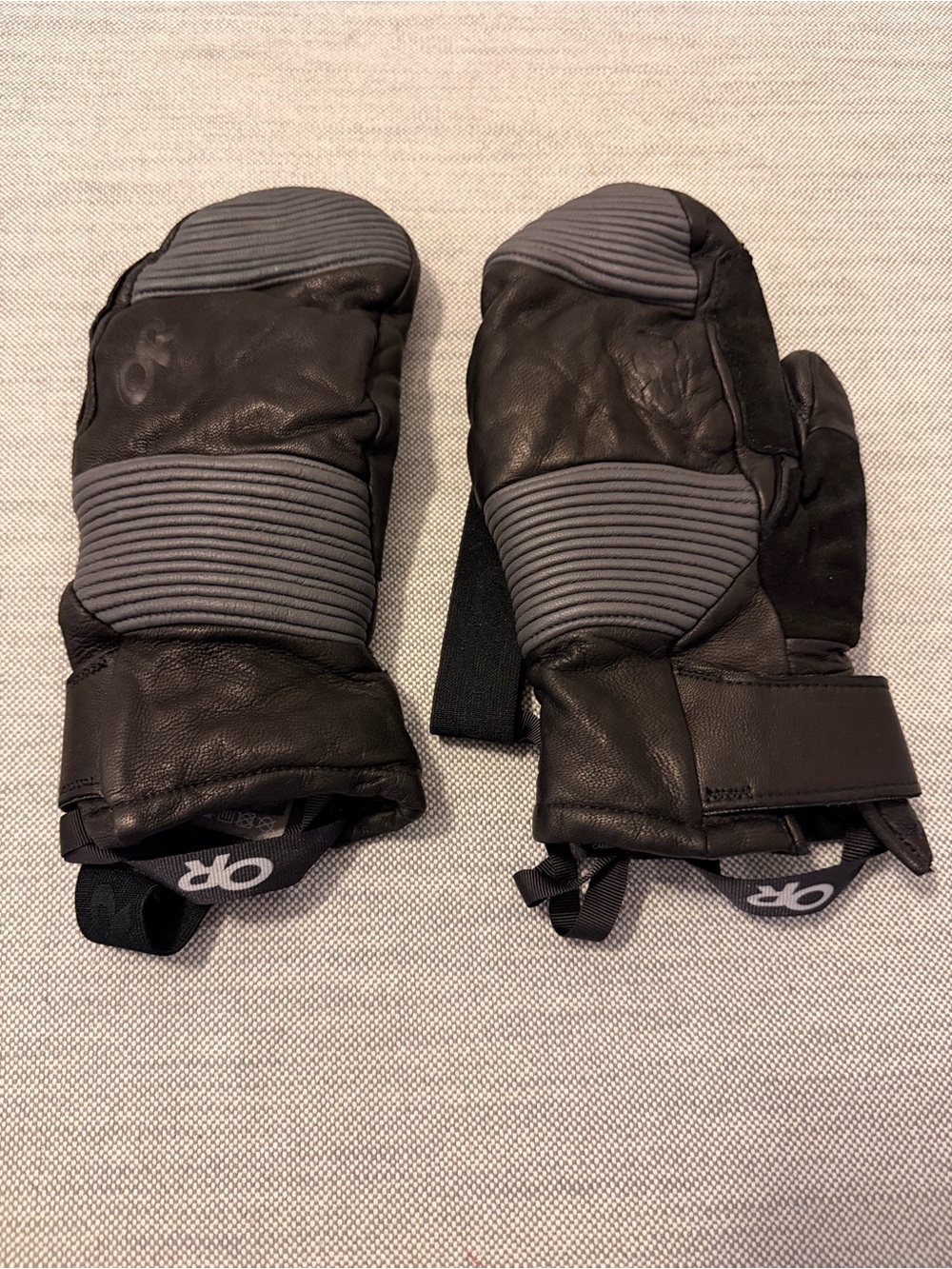 Outdoor Research Black Leather Mittens with Gray Rib Panels- internal gloves